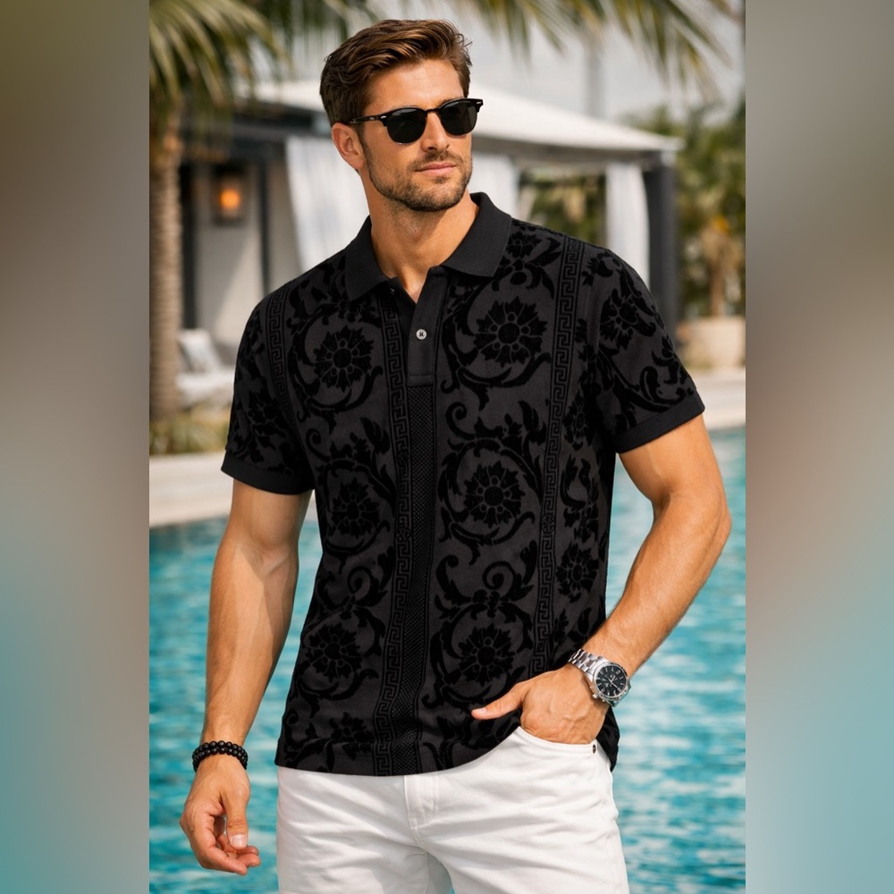 Albertini Velvet Flocked Baroque Polo Shirt Black Designer Style Stretch Cotton